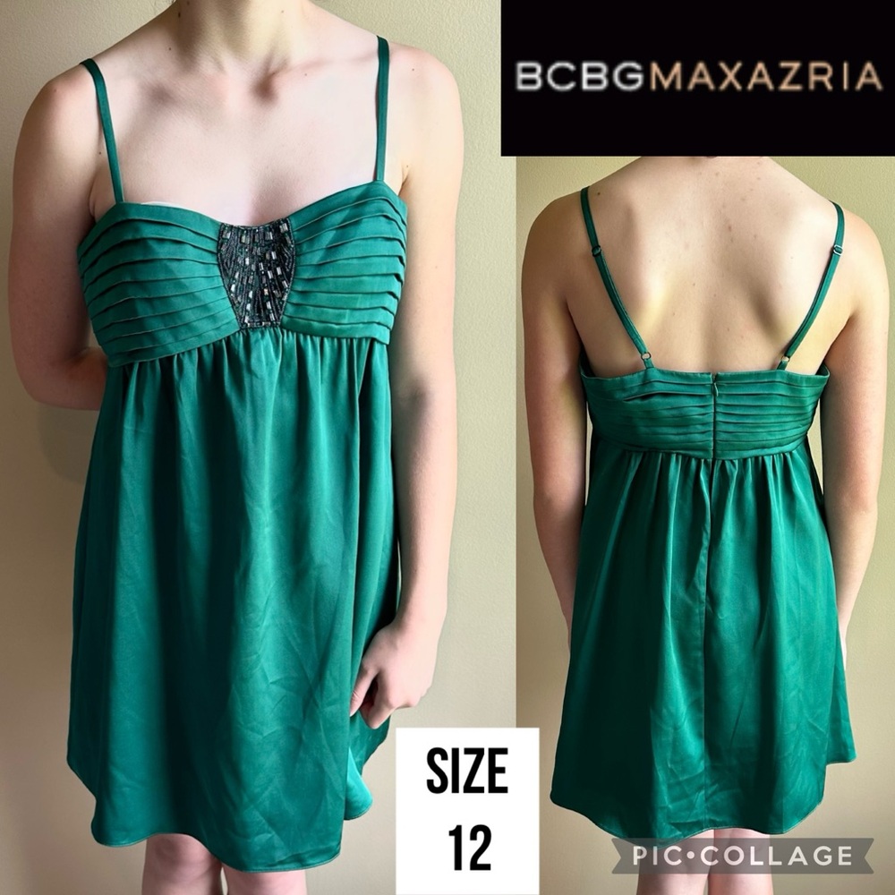 BCBG MAXAZRIA Womens Dress Emerald Green Cocktail Party Beaded Pleated Bodice 12